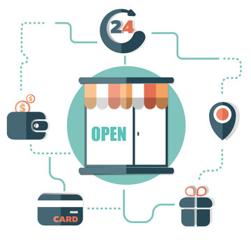 Store Open 24 Hours, Payment Gateway, Vector Illustration