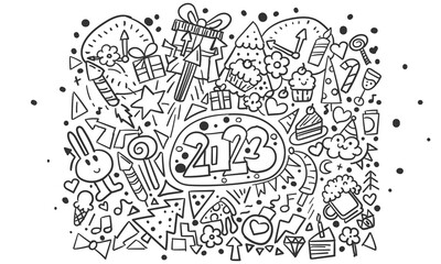 Cute Merry Christmas and New year 2023 doodle.Black and White, t-shirt print, vector design