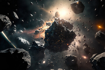 rocks and debris swarm traveling across space asteroids in cosmic backdrop belt of massive metallic asteroids. Generative AI