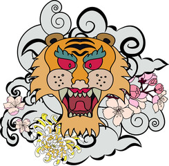 colorful traditional tattoo style Tiger face with cherry blossom and hibiscus flower on could and red rising sun background.Chinese Tiger roaring tattoo.