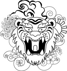 colorful traditional tattoo style Tiger face with cherry blossom and hibiscus flower on could and red rising sun background.Chinese Tiger roaring tattoo.
