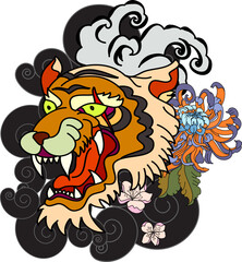 colorful traditional tattoo style Tiger face with cherry blossom and hibiscus flower on could and red rising sun background.Chinese Tiger roaring tattoo.
