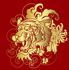 colorful traditional tattoo style Tiger face with cherry blossom and hibiscus flower on could and red rising sun background.Chinese Tiger roaring tattoo.