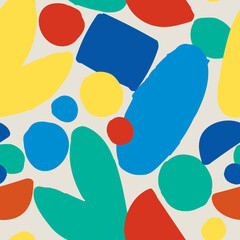 Abstract seamless pattern with colorful shapes on a light gray background.