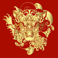 colorful traditional tattoo style Tiger face with cherry blossom and hibiscus flower on could and red rising sun background.Chinese Tiger roaring tattoo.