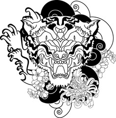 Fototapeta premium colorful traditional tattoo style Tiger face with cherry blossom and hibiscus flower on could and red rising sun background.Chinese Tiger roaring tattoo.