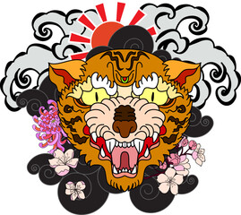 colorful traditional tattoo style Tiger face with cherry blossom and hibiscus flower on could and red rising sun background.Chinese Tiger roaring tattoo.