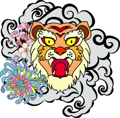 colorful traditional tattoo style Tiger face with cherry blossom and hibiscus flower on could and red rising sun background.Chinese Tiger roaring tattoo.