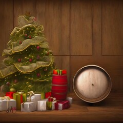 Christmas tree, presents and a wine barrel. With wood panels in the back. Use Ai generative then  Digitally hand painted.