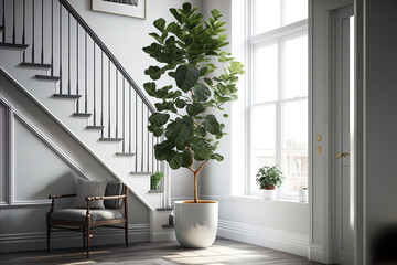 Plant a Ficus lyrata, or fiddle leaf fig, in a round, white pot, and position it at the corner of a staircase or ladder to beautify a house or room. And the right hand window is where the sunshine is
