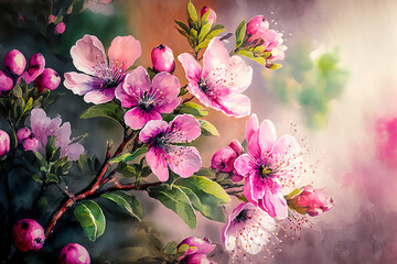 Pink flowers with a springtime floral backdrop. Generative AI