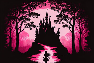 Fototapeta premium pink fairytale castle silhouette for a princess. Generative AI