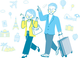 仲良く旅行する中年夫婦のイラスト素材