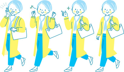 オシャレをして外出するシニア女性のイラストセット