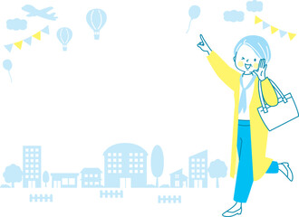 お出かけするシニア女性と街並みのベクターイラストセット