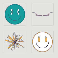 Brutalism shapes. Rave psychedelic retro futuristic set. Cyberpunk elements. Isolated on black background. Vector illustration