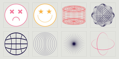 Vector set of Y2K. Rave psychedelic retro futuristic set. Templates for notes, posters. Retro Futurist. Vector illustration