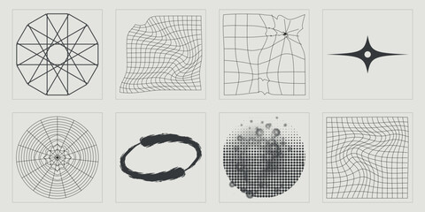 Vector set of Y2K. Big collection of abstract graphic geometric symbols. Elements for graphic decoration. Stars, starburst . Vector illustration