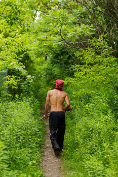 Man Walking on Forest Path, Carrying Gun