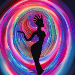 Woman standing in a brilliant swirling array of energy and flames representing her aura. Generative AI 