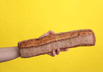 Woman's hand holding rye baguette on yellow background