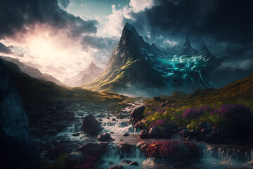 Fototapeta na wymiar stunning mountain peak waterfall. Generative AI