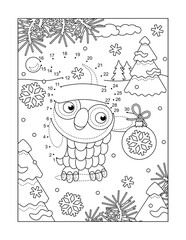 Owl with ornament join the dots puzzle and coloring page
