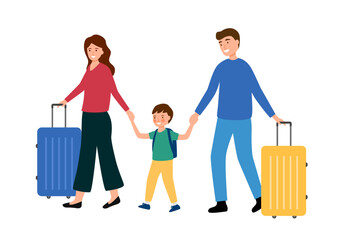 Family travel concept vector illustration. Kids, parents with luggage in flat design on white background.