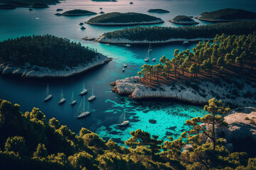 Paklinski Islands seen from above in Croatia's Hvar. bays with turquoise water and opulent sailing vessels. Toned picture. Generative AI - obrazy, fototapety, plakaty