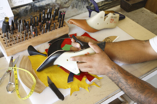 Close-up of Man Making a Shoe, Maida's Black Jack Boot Company, Houston, Texas, USA