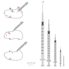 様々な大きさの注射器＆注射されているモルモットのベクターイラストセット