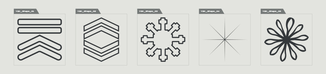 Vector Graphic Assets Set. Brutalism star and flower shapes. Objects in y2k style. Anti-design. Vector illustration