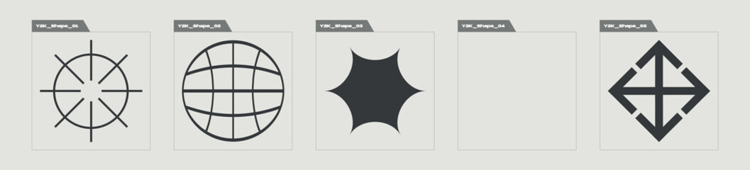 Collection of Y2K elements. Big collection of abstract graphic geometric symbols. Flat minimalist icons. Futuristic. Vector illustration