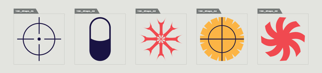 Set of Y2K style vectors of objects. Extraordinary Graphic Assets. Templates for notes, posters. Retro Futurist. Vector illustration