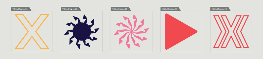Set of Y2K style vectors of objects. Trendy geometric postmodern figures. Templates for notes, posters. Projects, posters, banners. Vector illustration