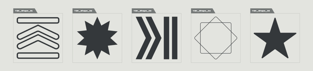 Vector set of Y2K. Big collection of abstract graphic geometric symbols. Cyberpunk elements. Retro Futurist. Vector illustration