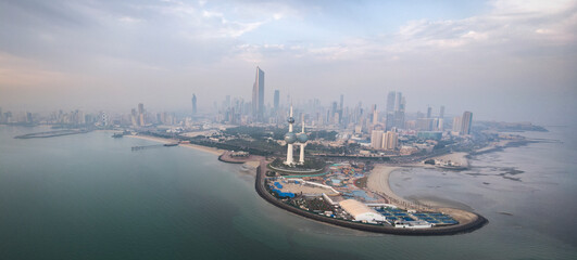 Drone shoot in Kuwait Tower and the City Scape of Kuwait with Foggy Morning