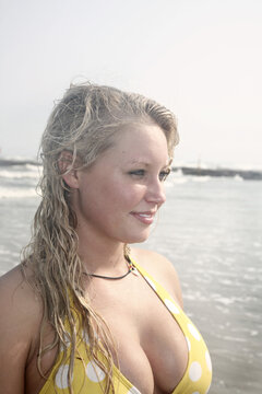 Portrait of Young Woman on Beach, Galveston Beach, Galveston, Texas, USA