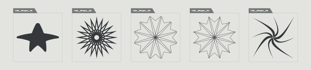 Set of Y2K style vectors of objects. Brutalism star and flower shapes. Elements for graphic decoration. Futuristic. Vector illustration