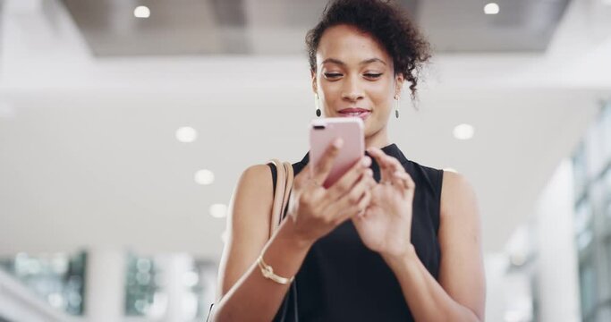 Black woman, business and walk with smartphone for communication and social media, arriving at modern office for work with technology. Scroll on internet, happy and walking, connect and mobile app.