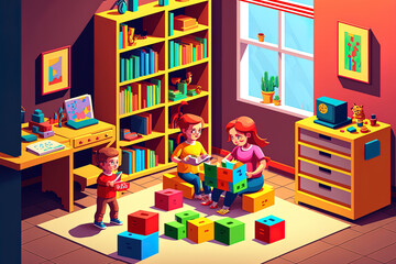 Mother and children playing at home. Toys for learning. Children playing developmental constructor, sorter, and designer cube games. Interior of a child's bedroom. Generative AI