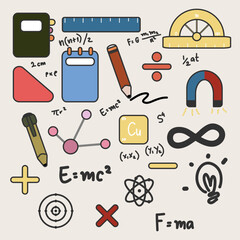 Math, chemistry, and school set hand drawn. book, pen, atom, ruler, magnet, idea, symbol math, dna