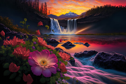 Nature Scene Colorful Waterfall and Flowers at Sunset. Generative AI