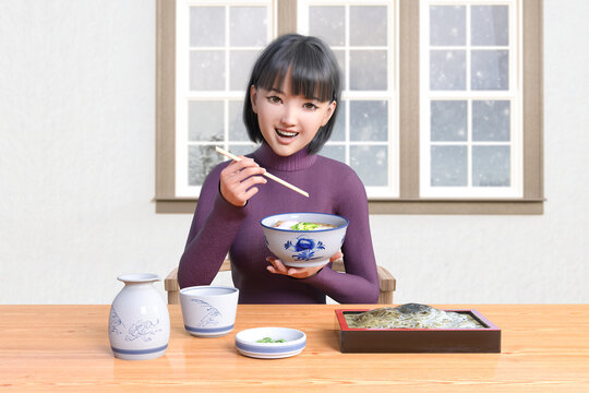 大晦日に日本の伝統の年越し蕎麦を食べている女性