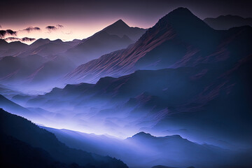 Mountain fog in the morning, just before dawn. Generative AI