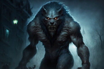 Nighttime werewolf wolf monsters. Generative AI - obrazy, fototapety, plakaty
