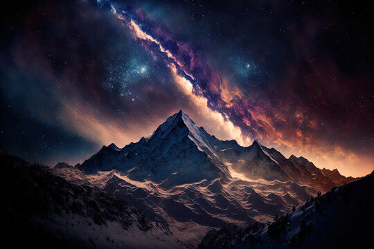 Mountain range with the milky way galaxy and stars. Generative AI © 2ragon