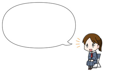 座って受け答えをする女子学生・フキダシつき