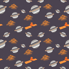 Space elements have a seamless pattern. Space background vector illustration. Seamless pattern with the planet, cloud, and satellite elements for scrapbooks, wrapping paper, and wallpaper.