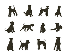 Airedale terrier dog silhouettes, Airedale terrier dog silhouette set